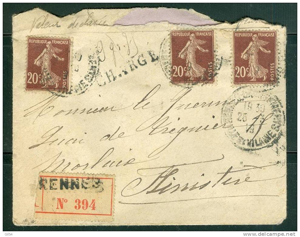Y&amp;t N° 139 X 3 Sur Lettre De Rennes  - Chargé - En 1919 - Pour Morlaix - LL13013 - Covers & Documents