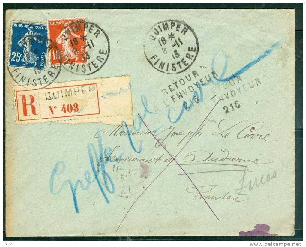Y&amp;t N° 140 + 138 Sur Lettre Recommandée De  QUIMPER   En 1913 + Retour à L'envoyeur 216 (Audierne - Cartas & Documentos