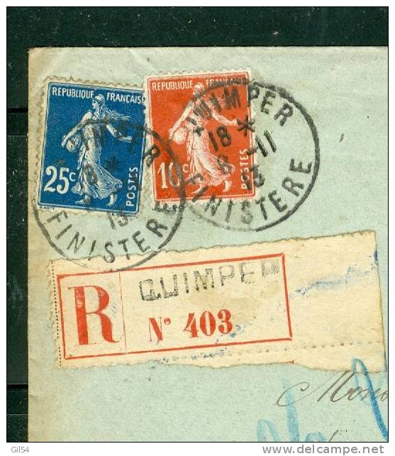 Y&amp;t N° 140 + 138 Sur Lettre Recommandée De  QUIMPER   En 1913 + Retour à L'envoyeur 216 (Audierne - Briefe U. Dokumente