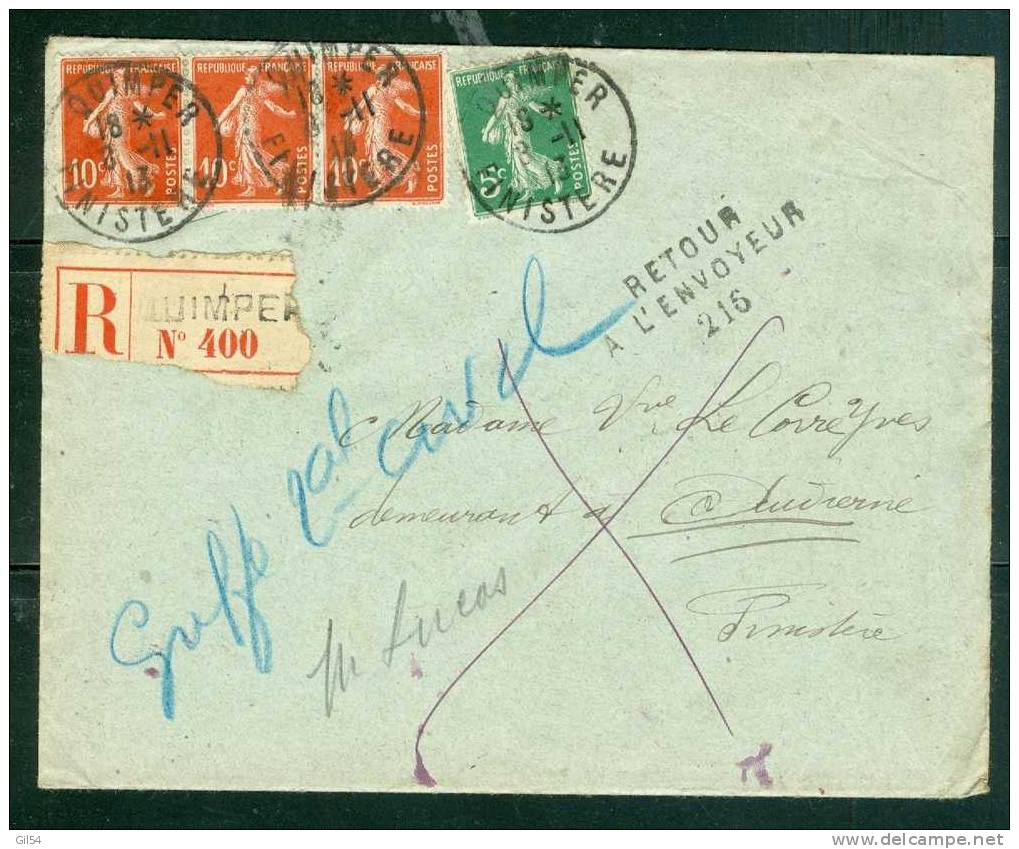Y&amp;t N° 138 X 3 + 137 / Lettre Recommandée De QUIMPER En 1913 + Retour à L'envoyeur 216 ( Audierne - Briefe U. Dokumente