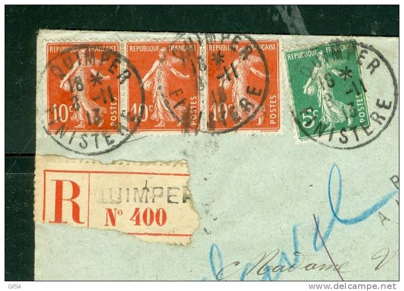 Y&amp;t N° 138 X 3 + 137 / Lettre Recommandée De QUIMPER En 1913 + Retour à L'envoyeur 216 ( Audierne - Brieven En Documenten