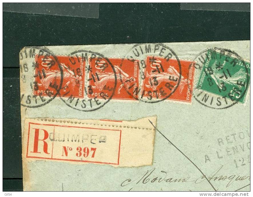 Y&amp;t N° 138 X 3 + 137 / Lettre Recommandée De QUIMPER En 1913 + Retour à L'envoyeur 1241 Crozon ) - Briefe U. Dokumente