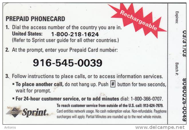 PUERTO RICO -  SPRINT Prepaid Card $20, Exp.date 31/03/03, Used - Puerto Rico