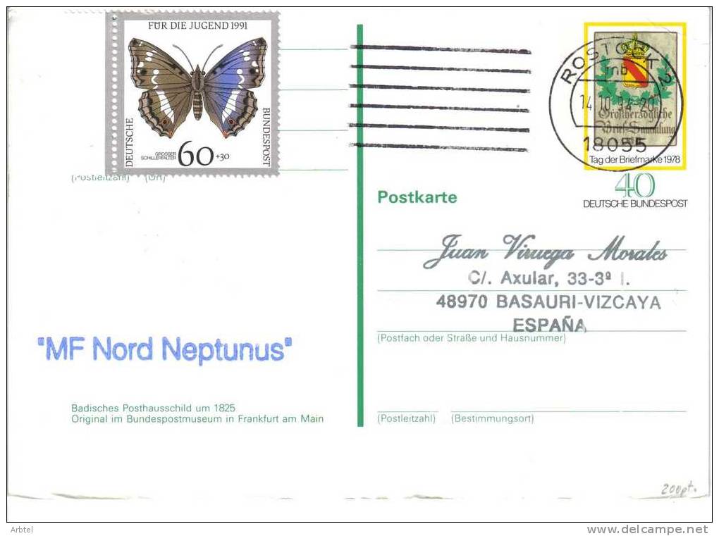 ALEMANIA ENTERO POSTAL DIA DEL SELLO 1978 C A ESPAÑA CON MARC DEL BUQUE MF NORD NEPTUNUS MITOLOGIA - Mythology