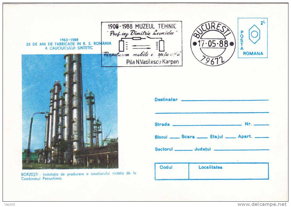 RAFINERY Chimie,Chemestry,Production Of Synthetic Rubber Plant.Cover Entier Stationery 1988 Oblit Concordante Romania. - Chimie