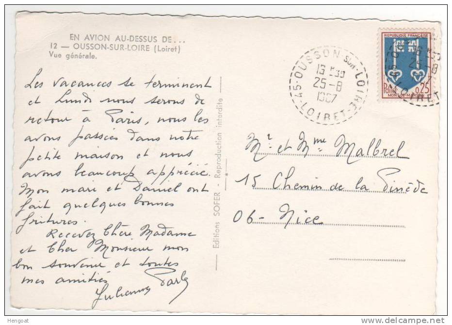 Cachet Rond Pointillé  De " 45 Ousson Sur Loire , Loiret 25/8/67 "   / Carte D´Ousson Sur Loire - Covers & Documents