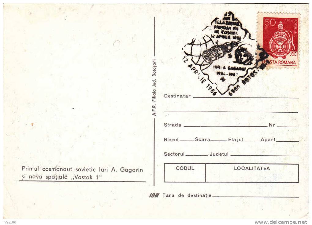 Cosmos,Espace Gagarin,First Man In Cosmos MC,maxicard,carte Maximum 1986 Romania. - Europe