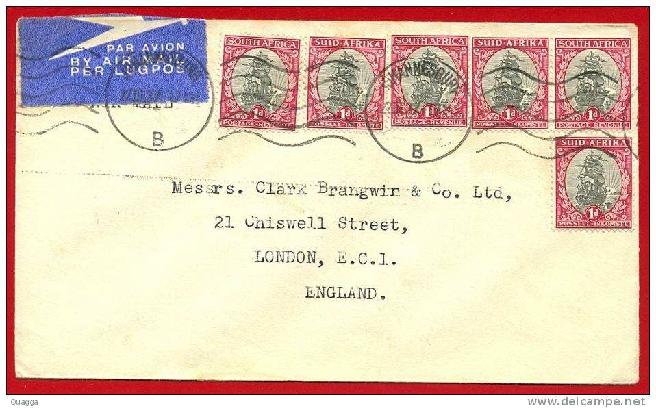 South Africa 1937. 6x1d Back And Carmine Machine Postmark/cancel JOHANNESBURG B. - Brieven En Documenten