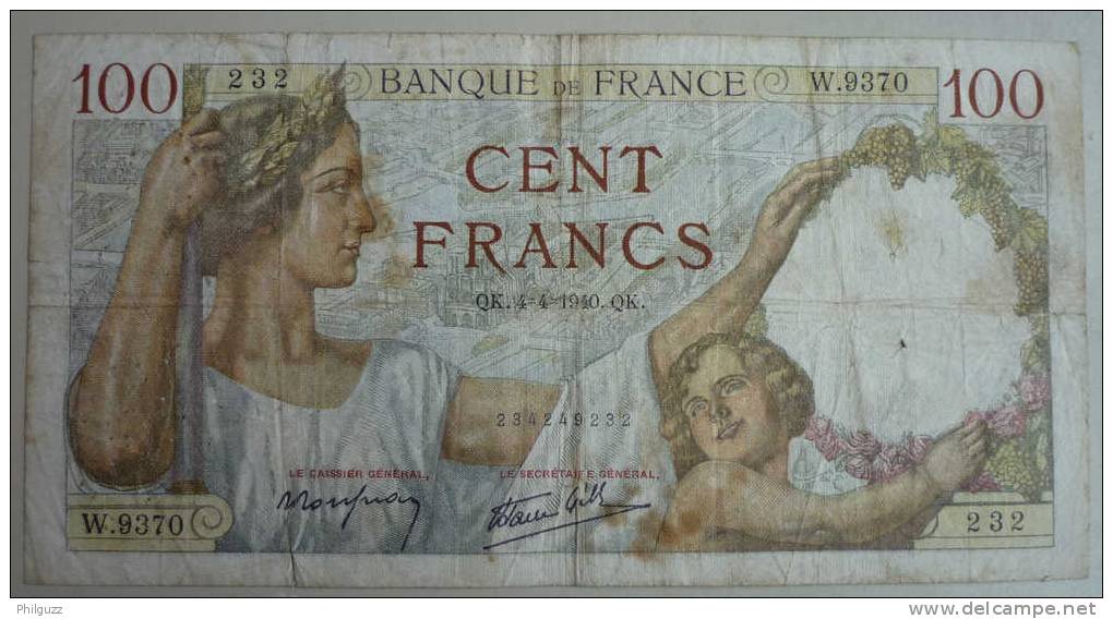 FRANCE UN BILLET DE 100 FRANCS SULLY DE 1940 - 100 F 1939-1942 ''Sully''