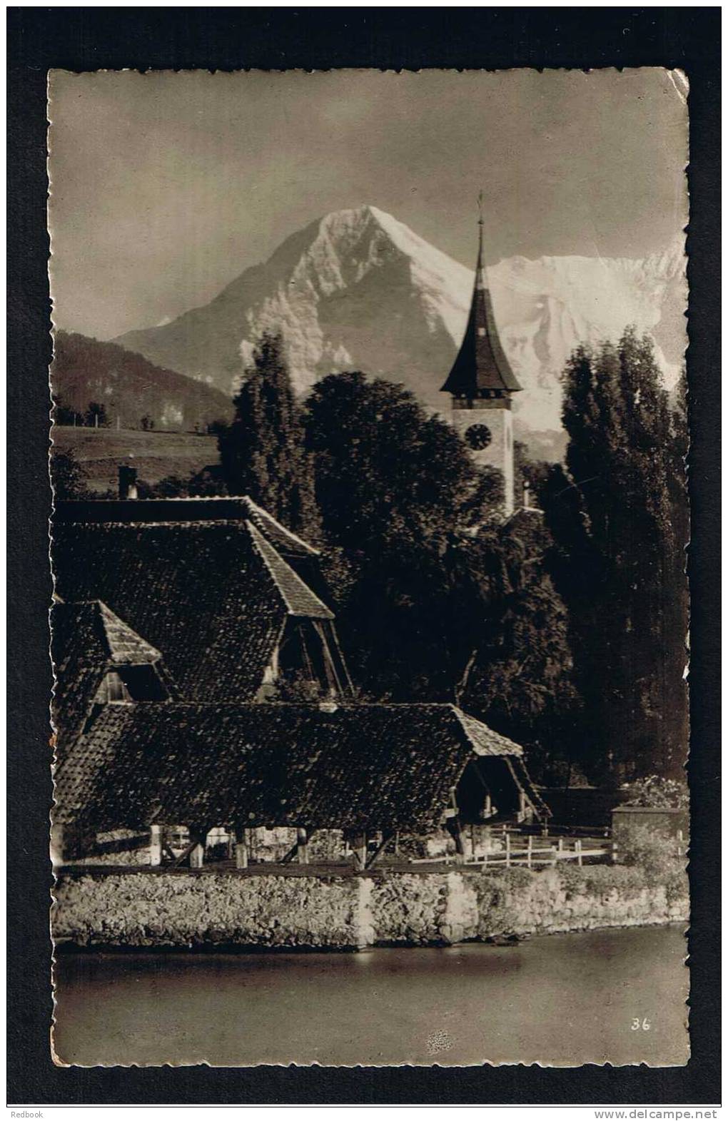RB 729 -  1932 Real Photo Switzerland Postcard  - Hilterfingen Am Thunersee Kirche &amp; Eiger - 20c Rate To London - Hilterfingen