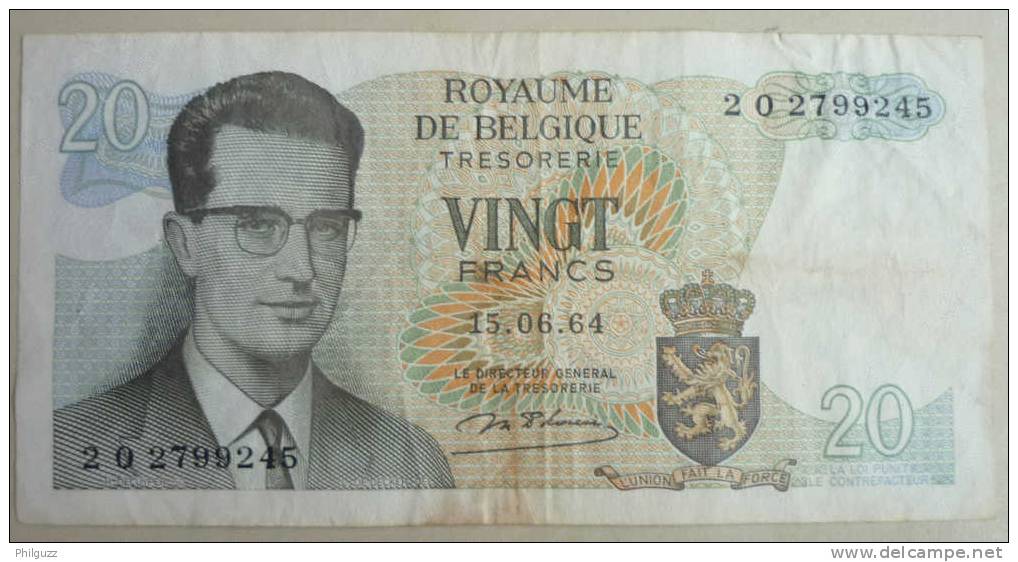 1964 BELGIUM BELGIQUE BAUDOUIN 20 FRANCS  2O 2799245 BILLET - [ 9] Colecciones