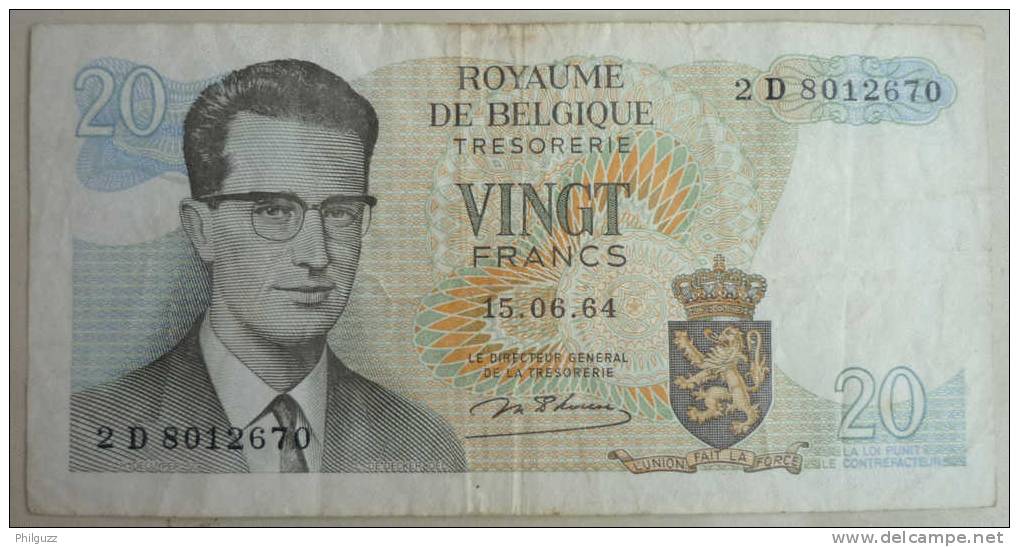 1964 BELGIUM BELGIQUE BAUDOUIN 20 FRANCS  2D 8012670 BILLET - [ 9] Colecciones