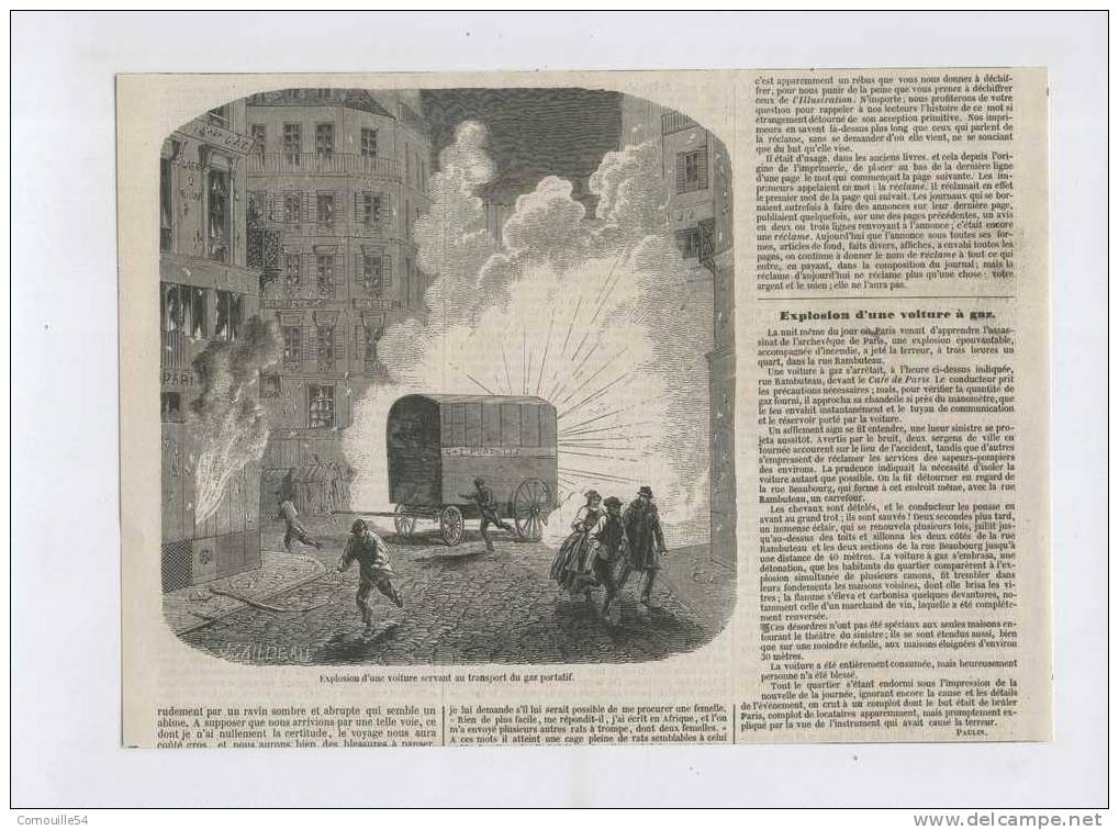 GRAVURE 1857. A PARIS, EXPLOSION D'UNE VOITURE SERVANT AU TRANSPORT DU GAZ PORTATIF. AVEC EXPLICATIF. - Estampes & Gravures