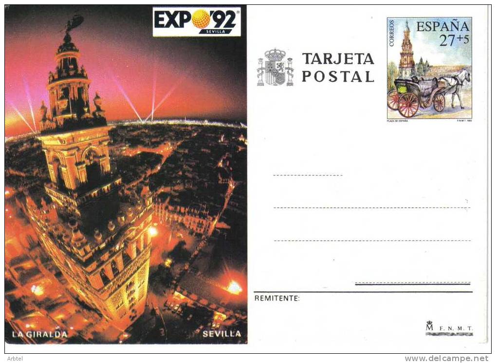 SEVILA ENTERO POSTAL EXPO 92 GIRALDA ARTE ARQUITECTURA CABALLO CARRUAJE CATEDRA - 1992 – Siviglia (Spagna)