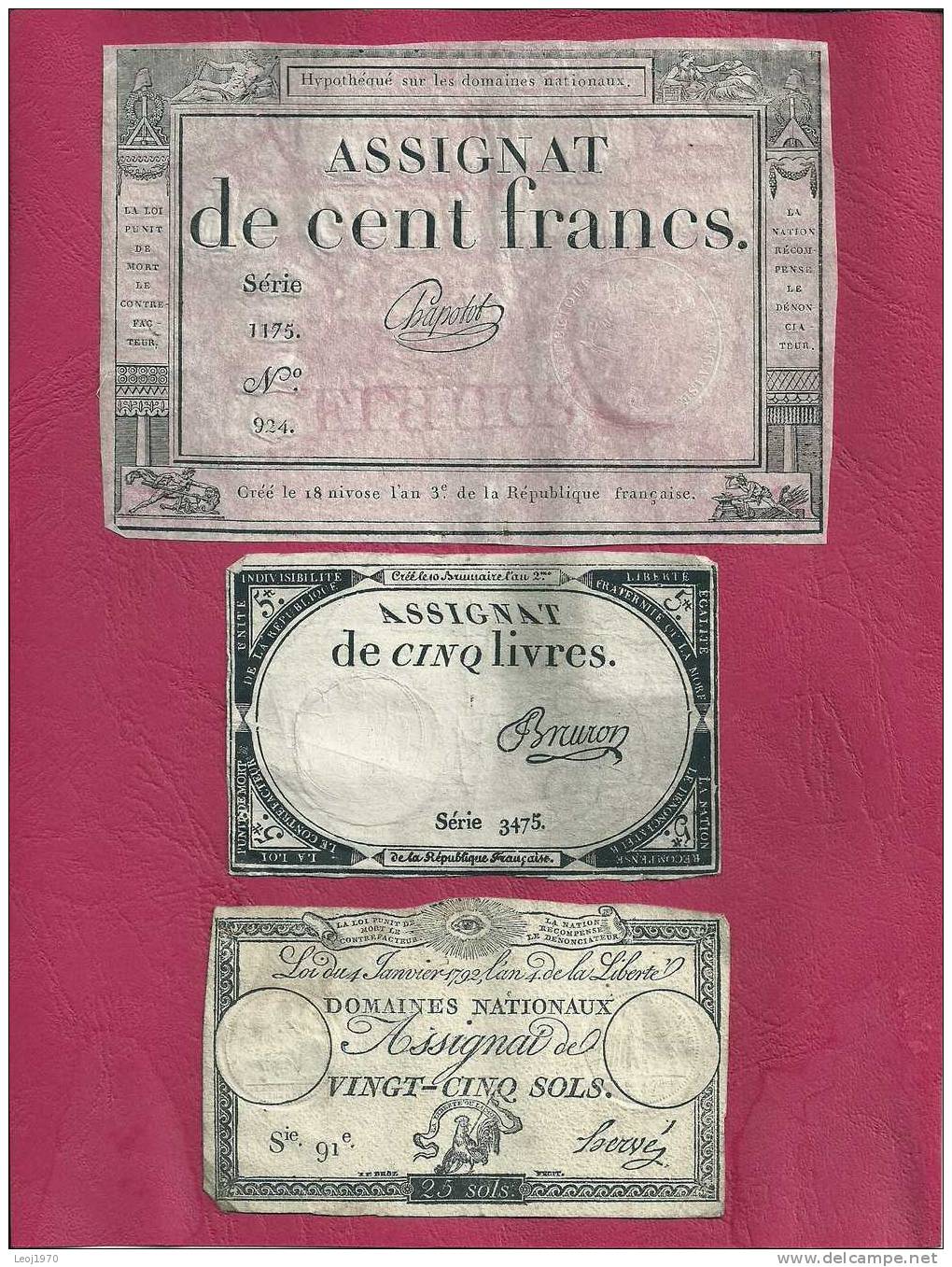 PLANCHE TROIS ASSIGNATS CENT FRANCS - CINQ LIVRES - VINGT CINQ SOLS - Assignate