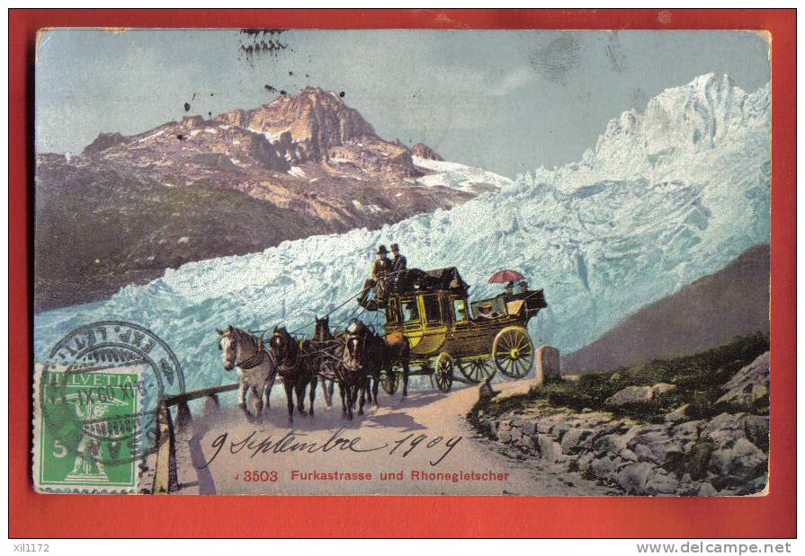 L1028 Furkastrasse Rhonegletscher, Post,Calèche Poste,Diligence,chevaux.Cachet 1909 Lausanne + Paris.Photoglob 35 - Autres & Non Classés