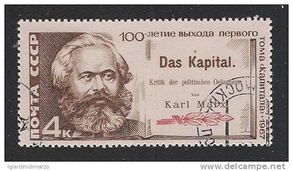 U.R.S.S. - 1967:  VALORE OBLITERATO DA 4 K. CENTENARIO DEL LIBRO IL CAPITALE DI KARL MARK - IN OTTIME CONDIZIONI. - Karl Marx