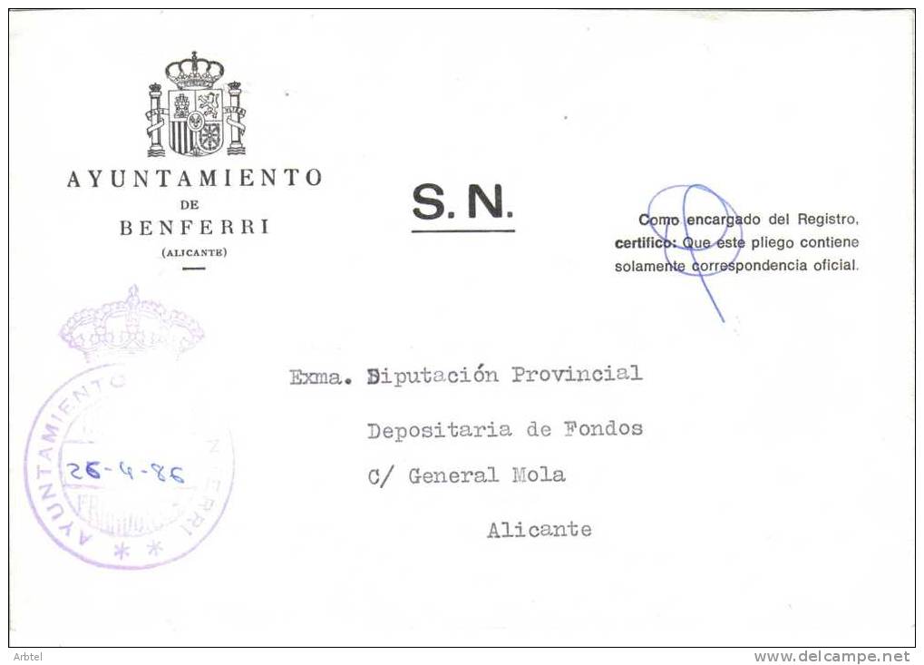 CC CON FRANQUICIA DEL AYUNTAMIENTO DE BENFERRI ALICANTE 1986 - Franchigia Postale