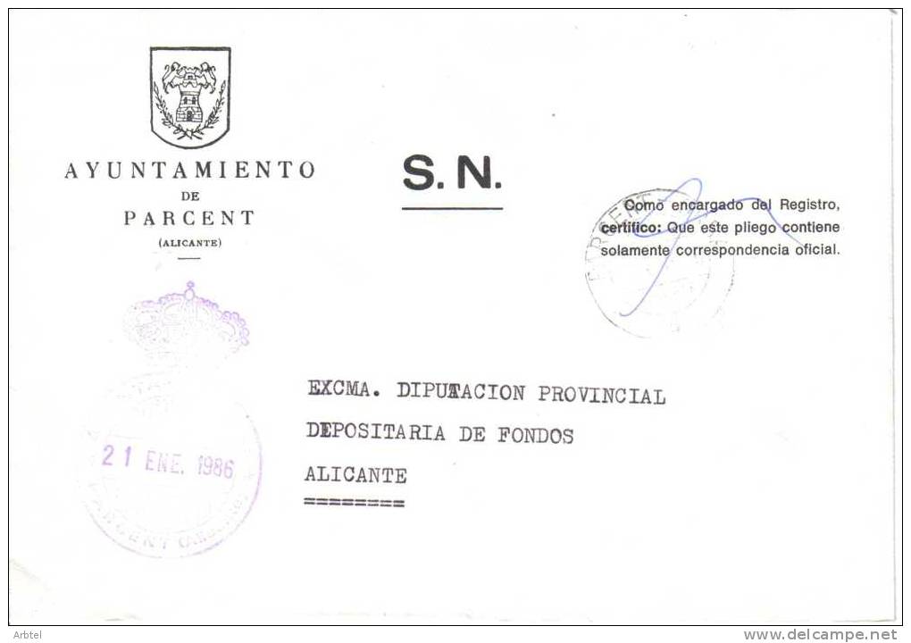 CC CON FRANQUICIA DEL AYUNTAMIENTO DE PARCENT ALICANTE 1986 - Franchigia Postale