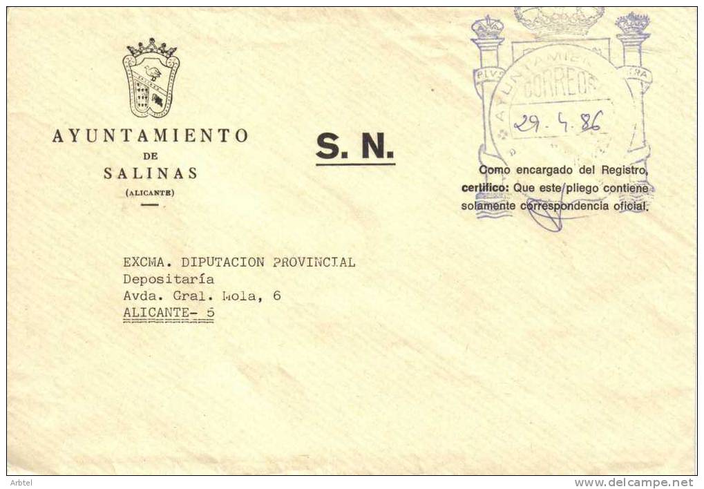 CC CON FRANQUICIA DEL AYUNTAMIENTO DE SALINAS ALICANTE 1986 - Franchigia Postale