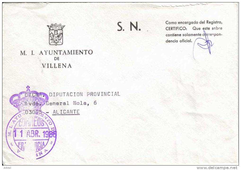 CC CON FRANQUICIA DEL AYUNTAMIENTO DE VILLENA ALICANTE 1986 - Postage Free