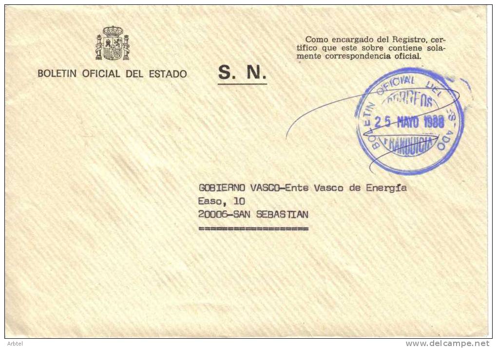 CC CON FRANQUICIA BOLETÍN OFICIAL DEL ESTADO EDITORIAL PRENSA LEY LEGISLACIÓN IMPRENTA - Postage Free