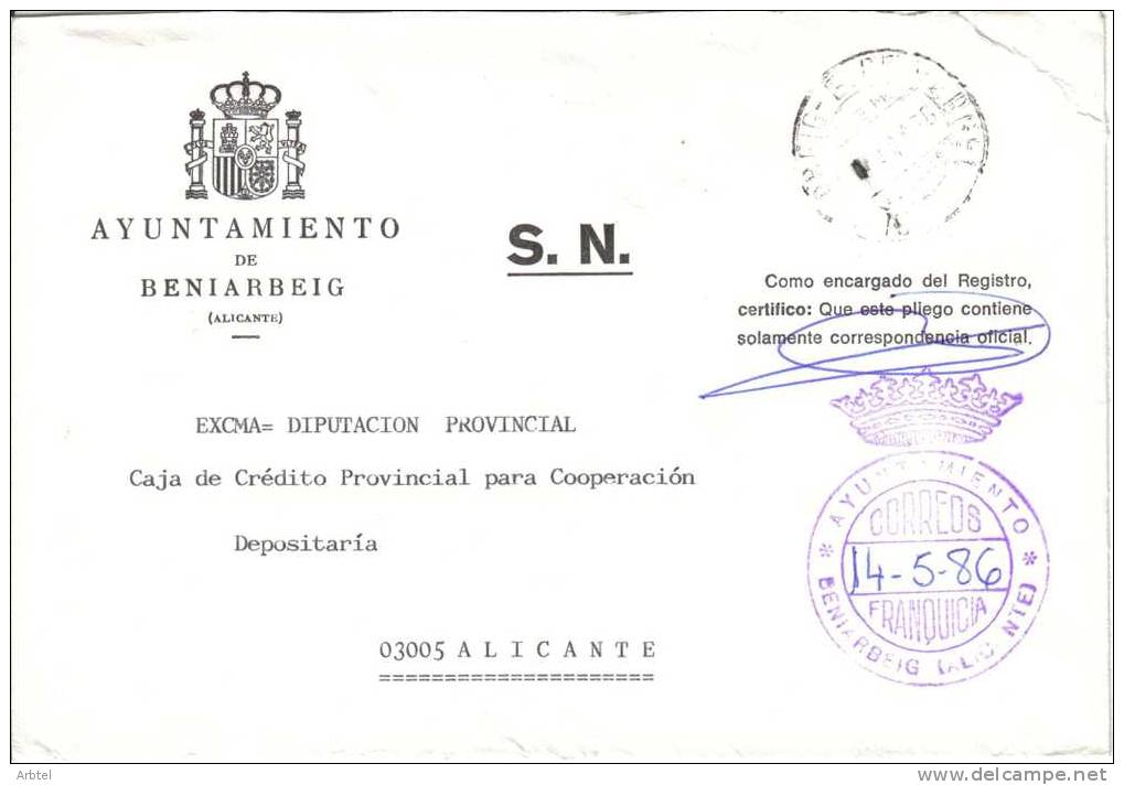 CC CO FRANQUICIA AYUNTAMIENTO DE BENIARBEIG ALICANTE 1986 - Franchigia Postale