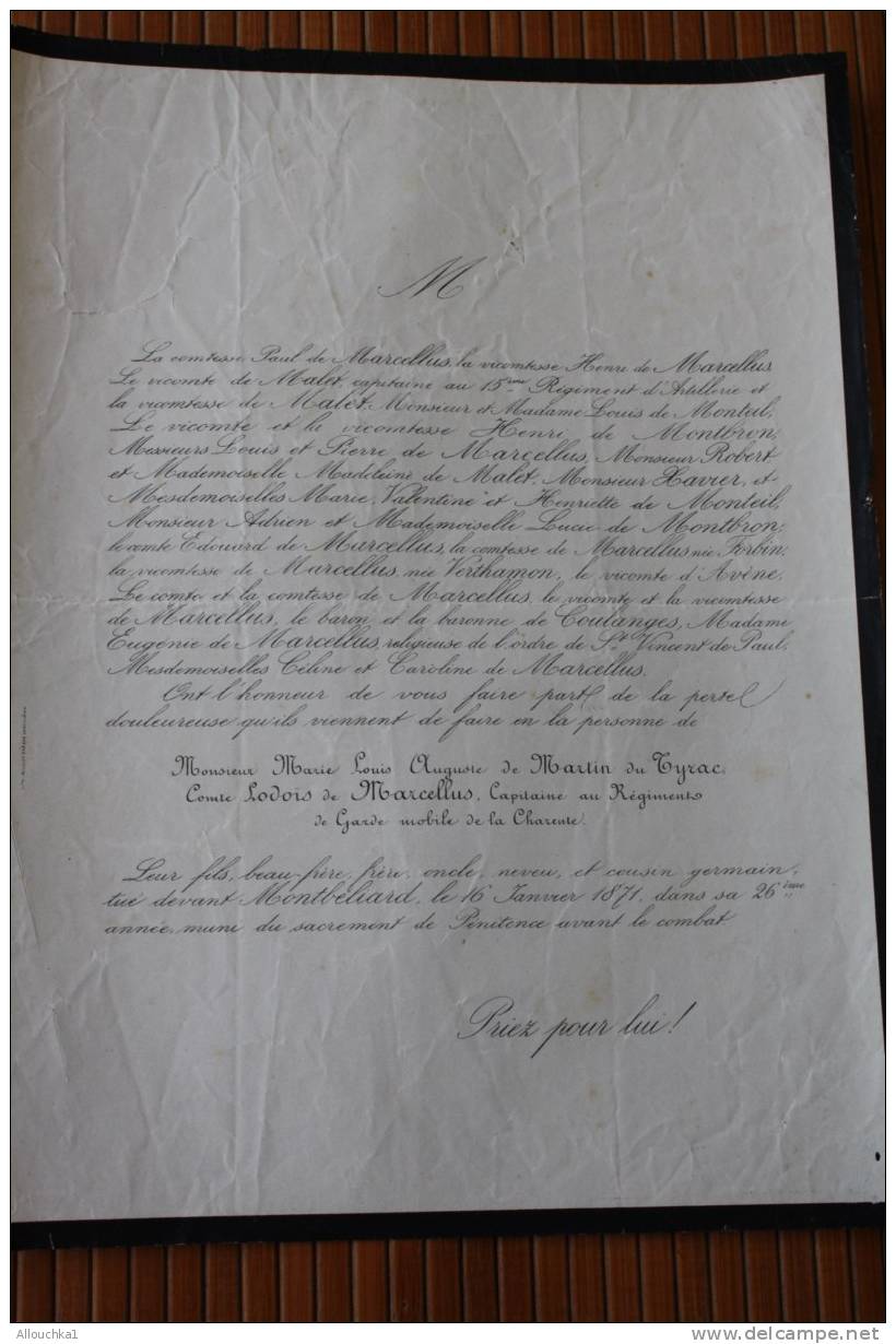 1871 Personnalité COMTESSE PAUL DE MARCELLUS&gt;FAIRE PART Décés:MARTIN DU TYRAC COMTE LODOIS CAP R - Autres & Non Classés