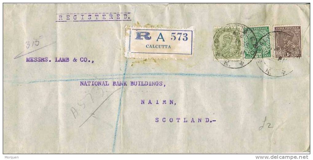 1536. Carta Certificada CALCUTTA (India) 1936 A Escocia (Nairn) - 1936-47 Koning George VI