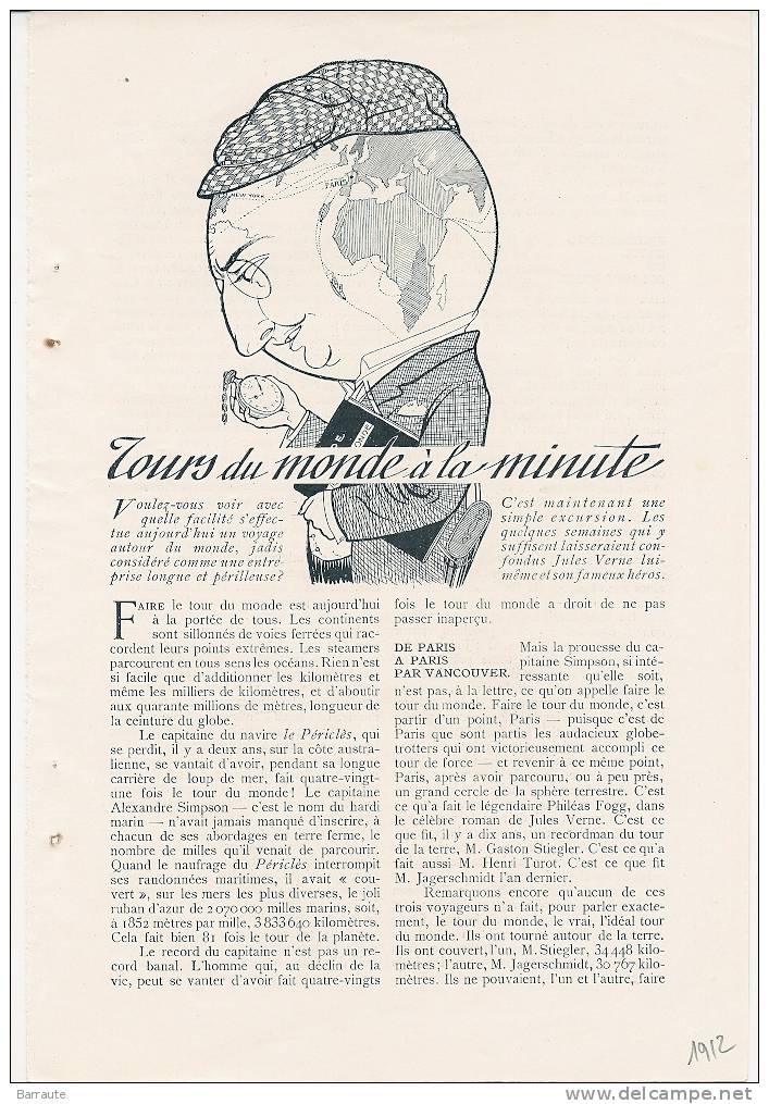 Feuillet  Article Actualite 1912 " TOURS Du MONDE à La Minute. Historique Des Tours Du Monde . - Documenti Storici