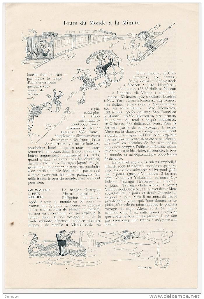 Feuillet  Article Actualite 1912 " TOURS Du MONDE à La Minute. Historique Des Tours Du Monde . - Documenti Storici