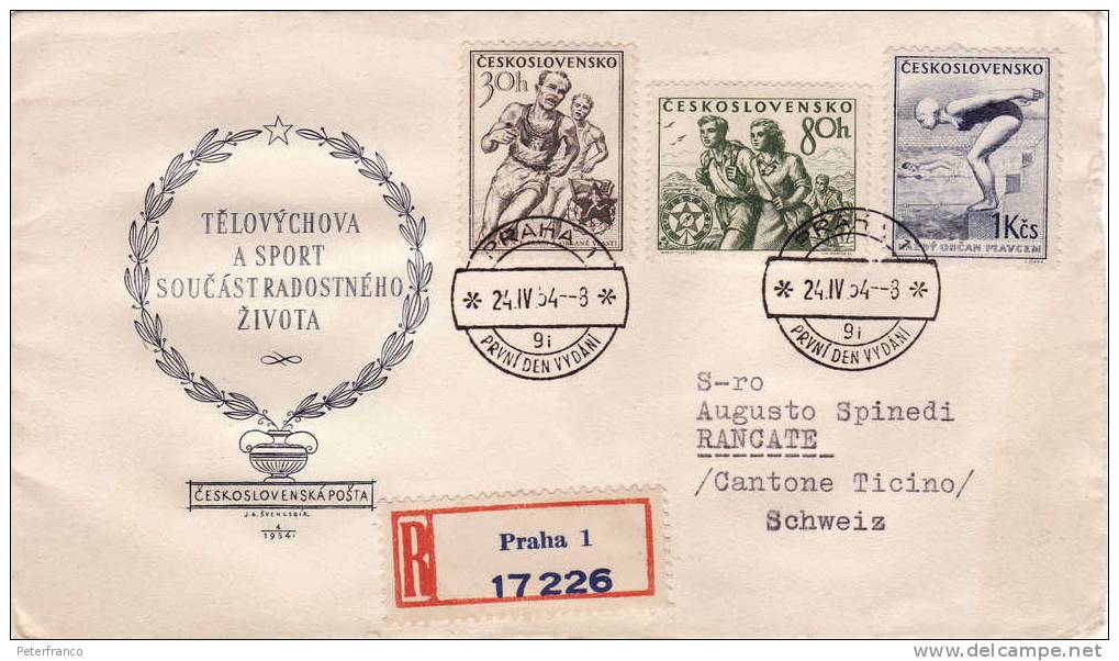 1954 Cecoslovacchia - Sport Educazione Fisica FDC - Racc.viaggiata - Swimming