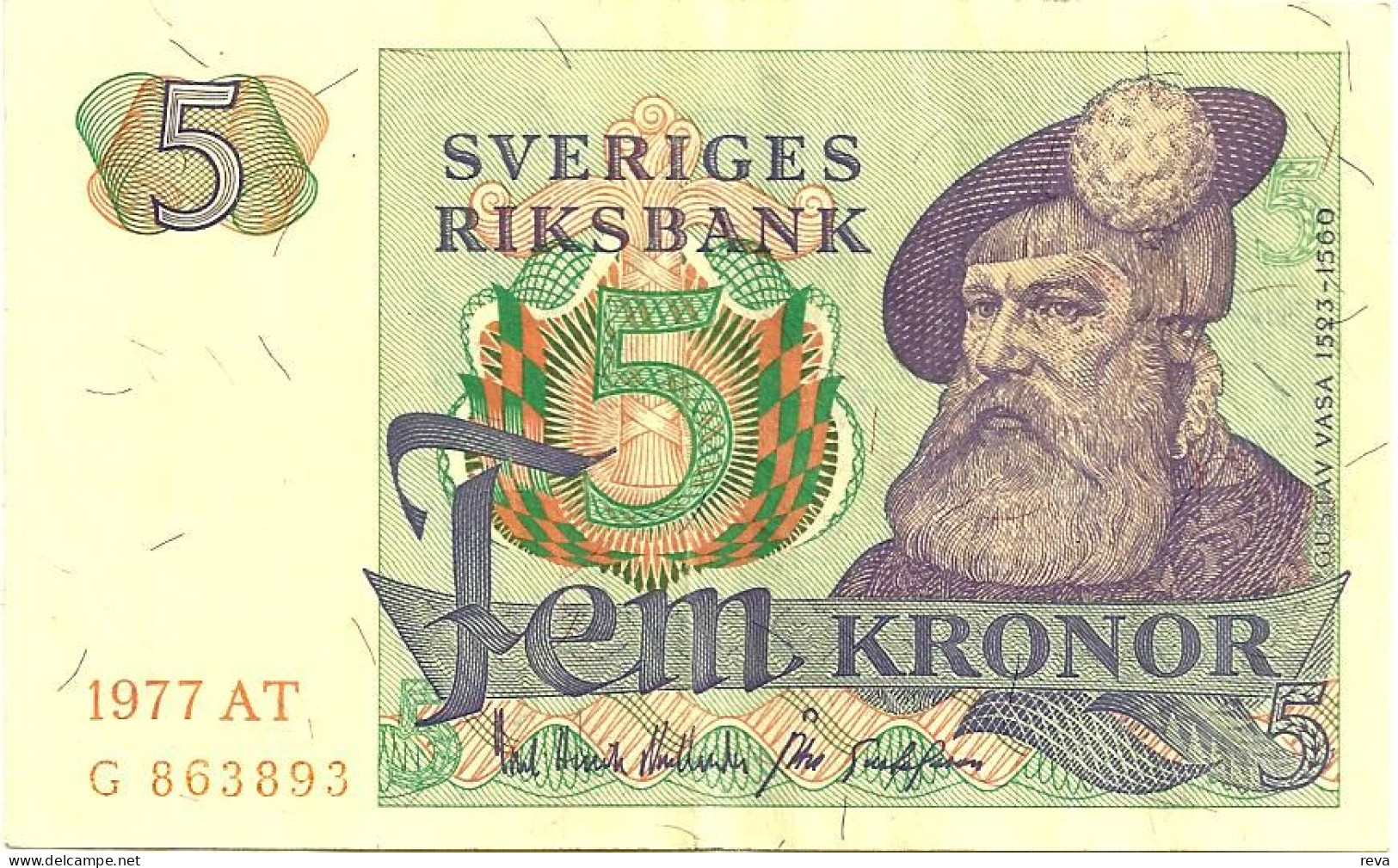 SWEDEN 5 KRONOR GREEN MAN FRONT MOTIF BACK DATED 1977 SIG. VARIETY  P51c VF+ READ DESCRIPTION !! - Sweden
