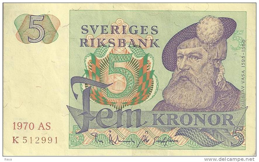 SWEDEN 5 KRONOR GREEN MAN FRONT MOTIF BACK DATED 1977 SIG. VARIETY  P51c VF+ READ DESCRIPTION !! - Suecia