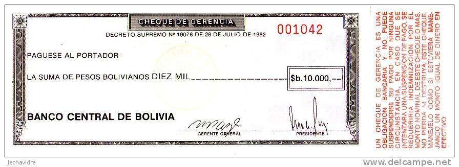 BOLIVIE  Cheque De Gerancia  10 000 Pesos Bolivianos  Daté Du 28-06-1982   Pick 173    ***** QUALITE  XF ***** - Bolivië