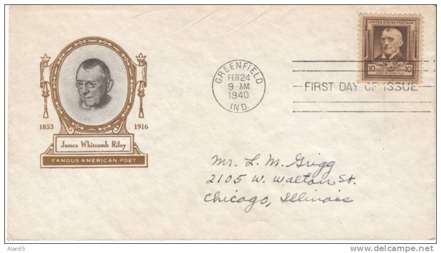 #868 10-cent James Whitcomb Riley, Poet,  Famous American Series On First Day Cover - 1851-1940