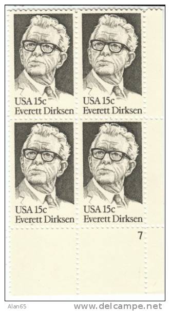 #1874 ,Everett Dirksen, Senator, US Senate Minority Leader, 15-cent Plate Block Of 4, 1981 Stamps - Numéros De Planches