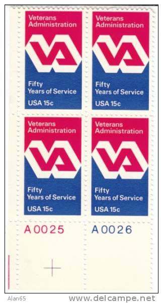 #1825, VA Veterans Administration 50-year Anniversary, 15-cent Plate Block Of 4, 1980 Stamps - Plate Blocks & Sheetlets