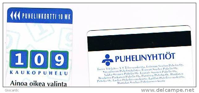 FINLANDIA (FINLAND) - PUHELIN (MAGNETIC) -  LONG DISTANCE CALL (109)  CODE 0109 EXP.12.95 - USED -  RIF. 3945 - Finlandia