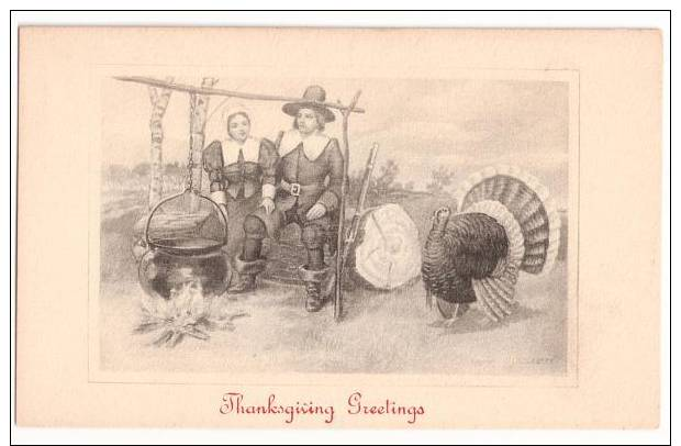 Artist Signed Thanksgiving Postcard,  Sander, Pilgrim Man, Woman With Turkey - Giorno Del Ringraziamento
