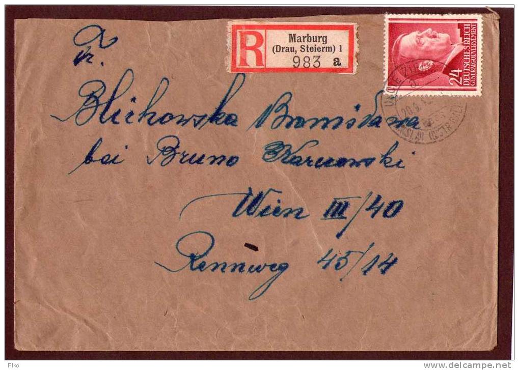Austria,registered Lettert,Marburg (Drau,Steierm),to Wien,via Cancell:Uscie Zielone, 20.09.1943 ,as Scan - Covers & Documents