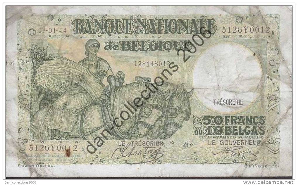 LOT A121 *BELGIQUE* BILLET DE 50 FRANC*03-01-1944*TYPE ANTO-CARTE* - 50 Francs-10 Belgas