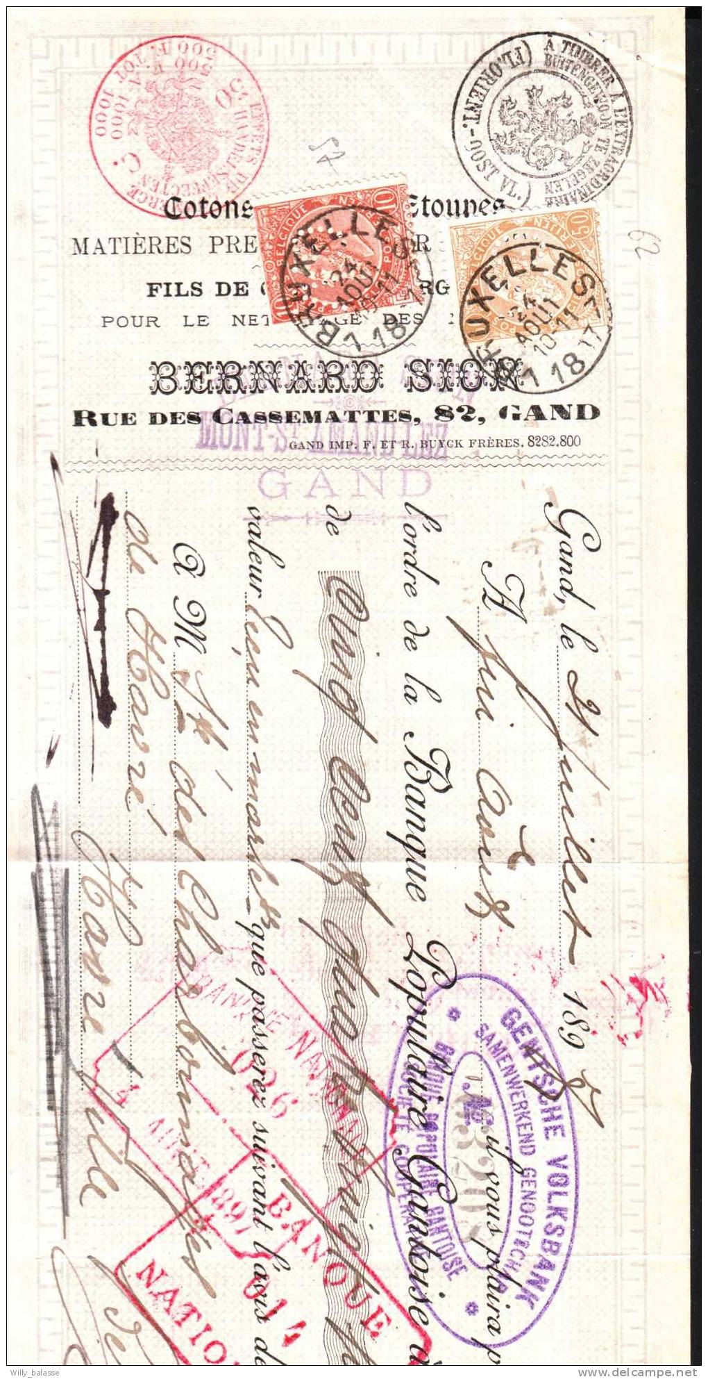 Reçu De GAND  Affr. N°57+62 Perforés GV (Gentsche Volksbank) Càd BRUXELLES / 1897 - Perfins