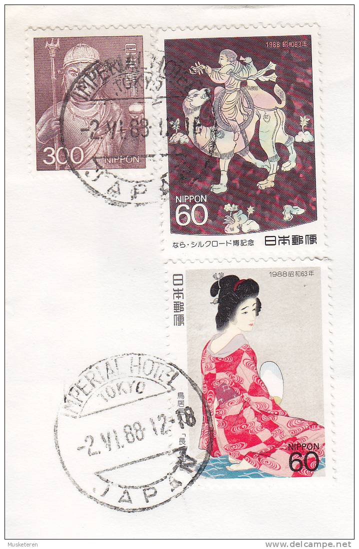 Japan Airmail Purple Line Cds. IMPERIAL HOTEL Tokyo 1988 Cover To Sparrekassen SDS (Bank) Denmark (2 Scans) - Luftpost