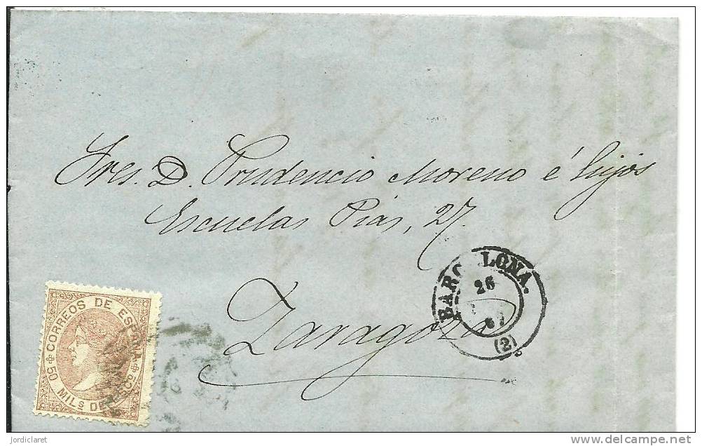 CARTA 1867 DE BARCELONA A ZARAGOZA MAT LLEGADA - Cartas & Documentos