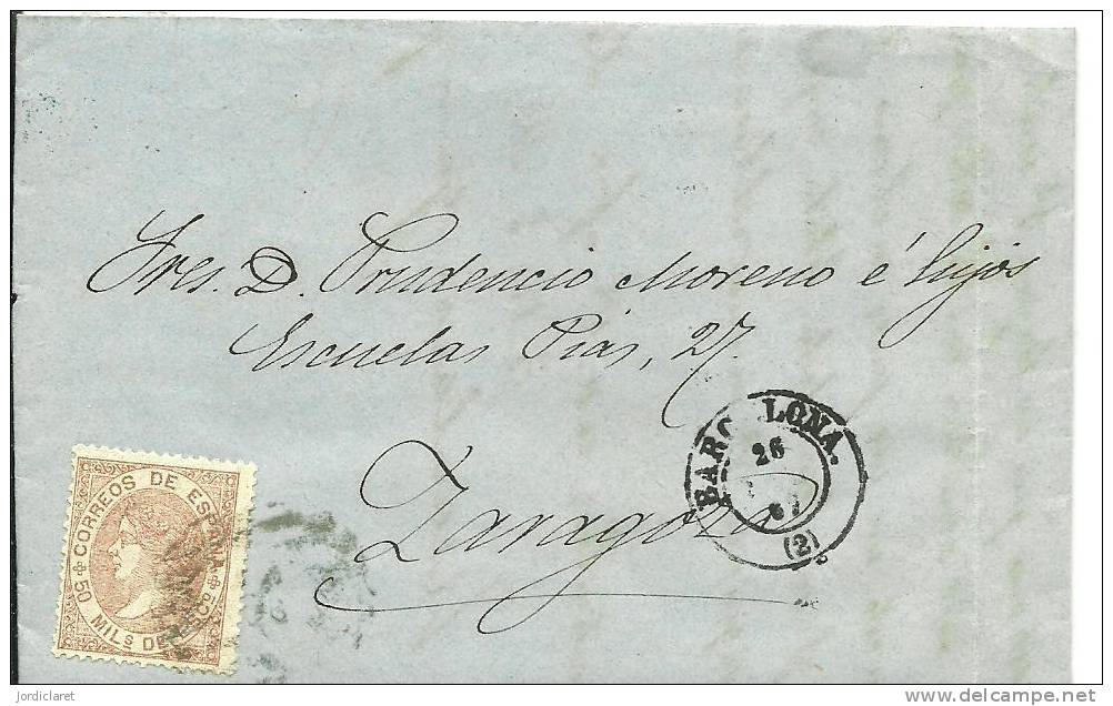 CARTA 1867 DE BARCELONA A ZARAGOZA MAT LLEGADA - Lettres & Documents