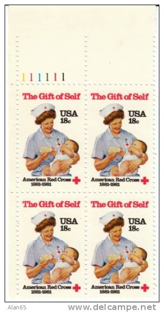 #1910, 1981 American Red Cross Centennial,  Plate Block Of 4 Stamps, Nurse - Plate Blocks & Sheetlets