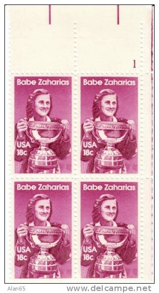 #1932, 1981 Babe Zaharias Famous Female Golfer, Women Sports,  Plate Block Of 4 Stamps - Plattennummern