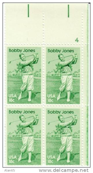 #1933, 1981 Bobby Jone Famous Golfer, Sports,  Plate Block Of 4 Stamps - Numéros De Planches