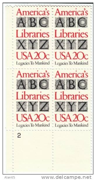 #2015, America's Libraries Library Book, 1982 20-cent Plate Block Of 4 Stamps - Plate Blocks & Sheetlets